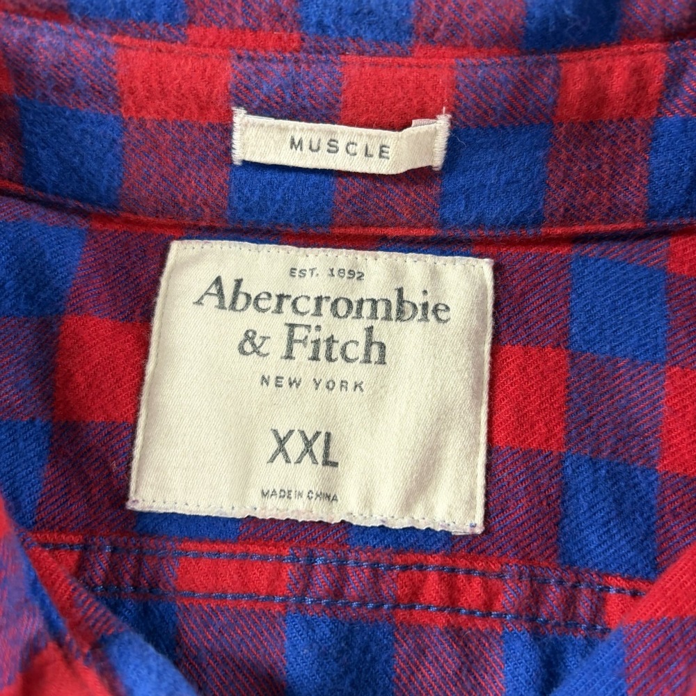Abercrombie & Fitch Flannel Shirt Mens Large Blue Red Plaid Heavyweight Muscle - Picture 4 of 7